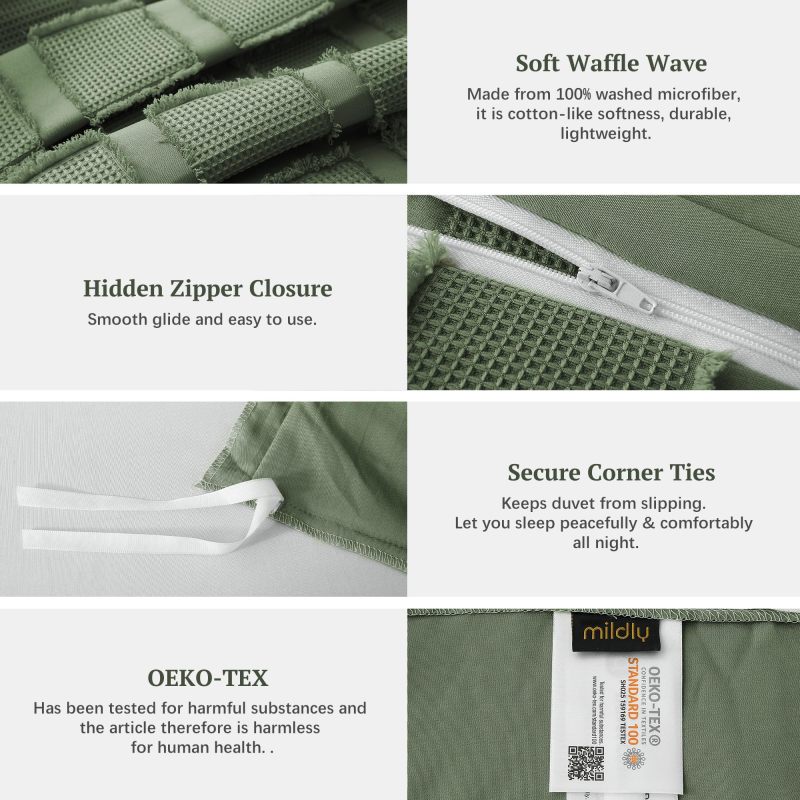 Waffle Weave Duvet Cover Set Mist Sage Tufted Duvet Cover 100% Washed Microfiber Soft & Breathable Textured Comforter Cover Set with Zipper Closure Corner Ties