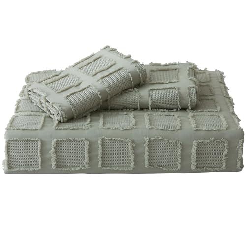 Waffle Weave Duvet Cover Set Mist Sage Tufted Duvet Cover 100% Washed Microfiber Soft & Breathable Textured Comforter Cover Set with Zipper Closure Corner Ties