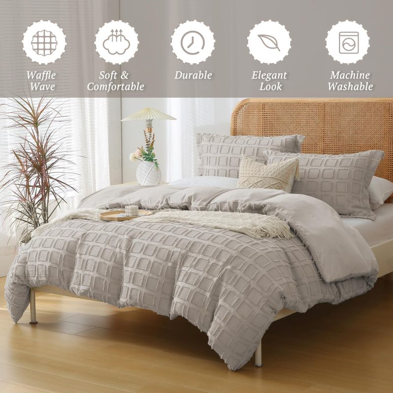 Waffle Weave Duvet Cover Set Mist Sage Tufted Duvet Cover 100% Washed Microfiber Soft & Breathable Textured Comforter Cover Set with Zipper Closure Corner Ties