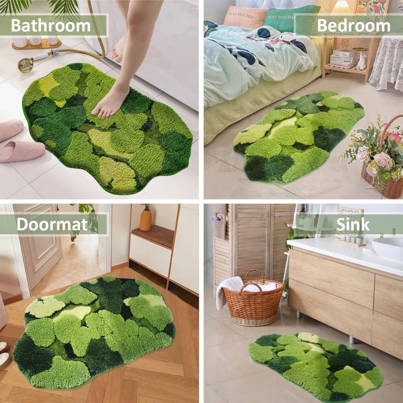 改Cute Green Moss Bathroom Runner Rug Long Rectangular Boho Aesthetic Leaf Leaves Bath Mat Shaggy Non Slip Absorbent Shower Mat Decor