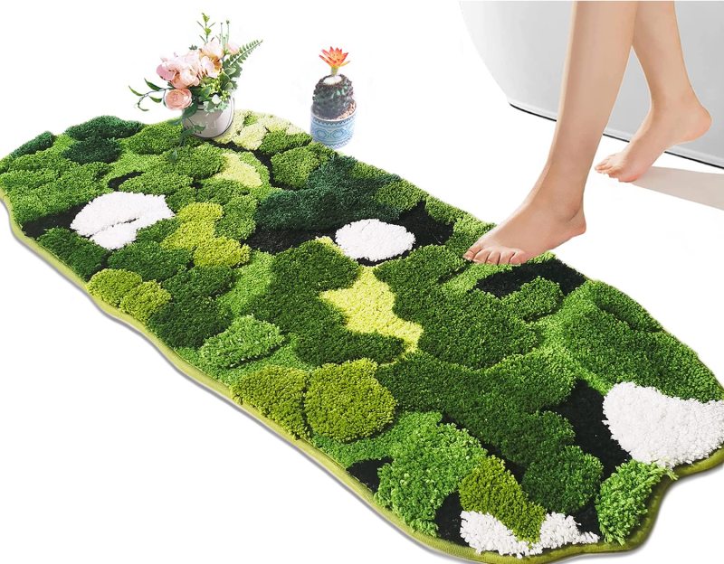改Cute Green Moss Bathroom Runner Rug Long Rectangular Boho Aesthetic Leaf Leaves Bath Mat Shaggy Non Slip Absorbent Shower Mat Decor