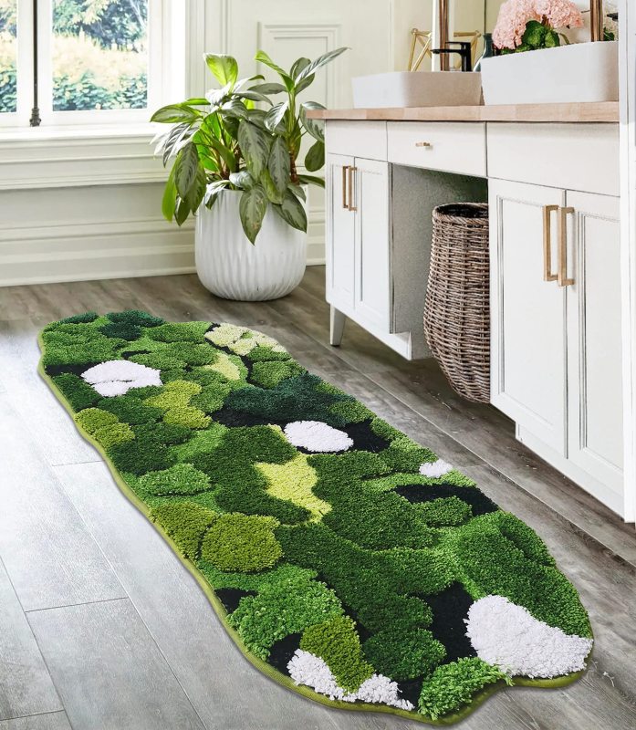 改Cute Green Moss Bathroom Runner Rug Long Rectangular Boho Aesthetic Leaf Leaves Bath Mat Shaggy Non Slip Absorbent Shower Mat Decor