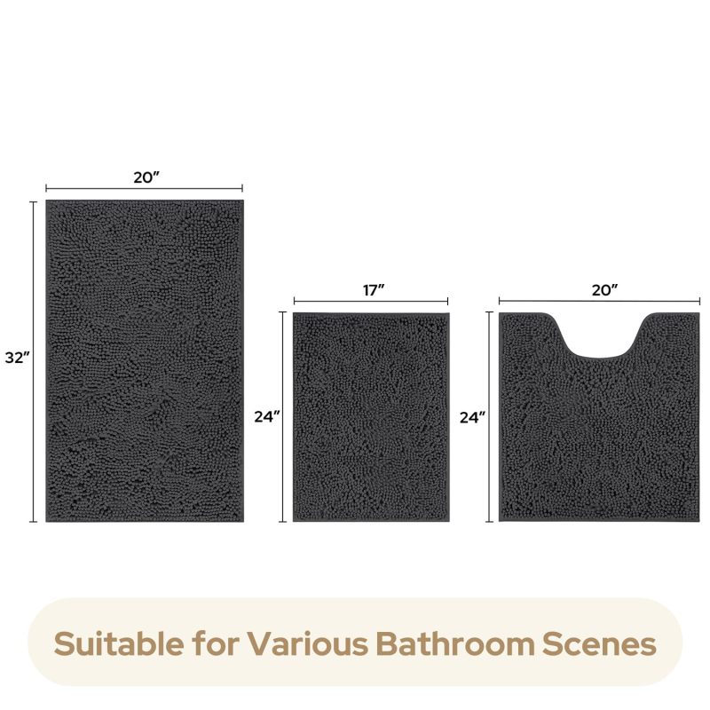 3 Pieces Bathroom Rugs, Ultra Soft Non Slip Absorbent Chenille Toilet Bath Mat Set