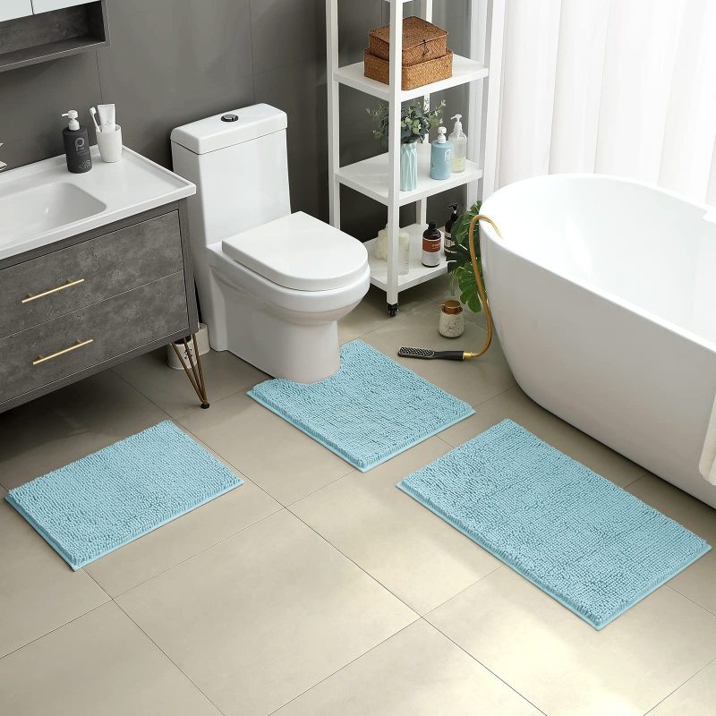 3 Pieces Bathroom Rugs, Ultra Soft Non Slip Absorbent Chenille Toilet Bath Mat Set