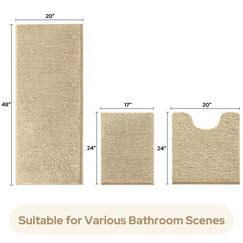 3 Pieces Bathroom Rugs, Ultra Soft Non Slip Absorbent Chenille Toilet Bath Mat Set
