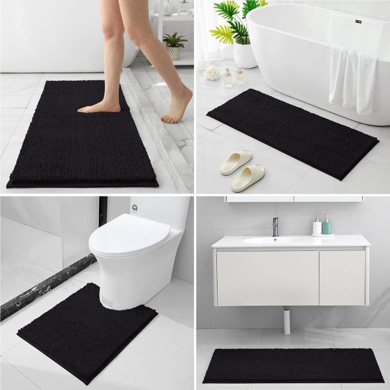 3 Pieces Bathroom Rugs, Ultra Soft Non Slip Absorbent Chenille Toilet Bath Mat Set