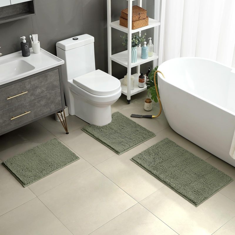 改HOMEIDEAS 3 Pieces Bathroom Rugs, Ultra Soft Non Slip Absorbent Chenille Toilet Bath Mat Set (Grey)