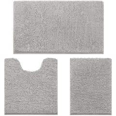 改HOMEIDEAS 3 Pieces Bathroom Rugs, Ultra Soft Non Slip Absorbent Chenille Toilet Bath Mat Set (Grey)