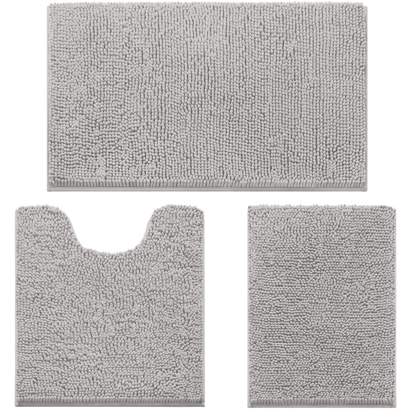 改HOMEIDEAS 3 Pieces Bathroom Rugs, Ultra Soft Non Slip Absorbent Chenille Toilet Bath Mat Set (Grey)