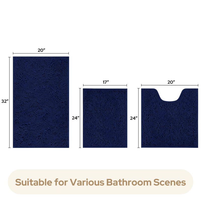 3 Pieces Bathroom Rugs, Ultra Soft Non Slip Absorbent Chenille Toilet Bath Mat Set