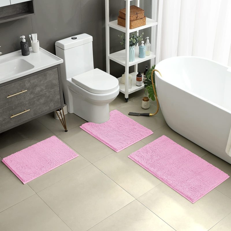 3 Pieces Bathroom Rugs, Ultra Soft Non Slip Absorbent Chenille Toilet Bath Mat Set