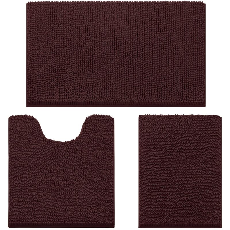3 Pieces Bathroom Rugs, Ultra Soft Non Slip Absorbent Chenille Toilet Bath Mat Set