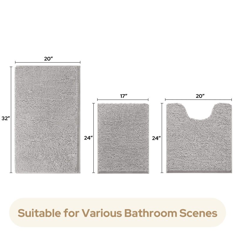 改HOMEIDEAS 3 Pieces Bathroom Rugs, Ultra Soft Non Slip Absorbent Chenille Toilet Bath Mat Set (Grey)