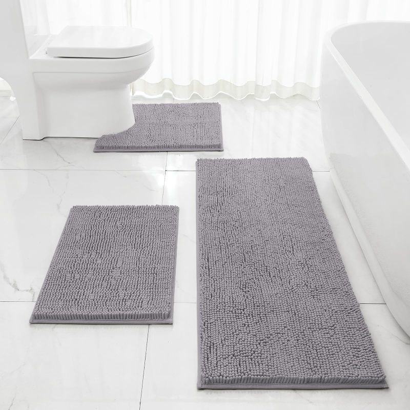 3 Pieces Bathroom Rugs, Ultra Soft Non Slip Absorbent Chenille Toilet Bath Mat Set