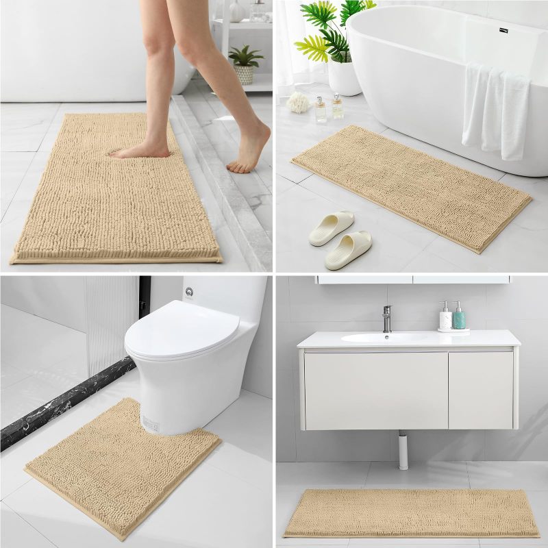 3 Pieces Bathroom Rugs, Ultra Soft Non Slip Absorbent Chenille Toilet Bath Mat Set