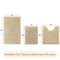3 Pieces Bathroom Rugs, Ultra Soft Non Slip Absorbent Chenille Toilet Bath Mat Set