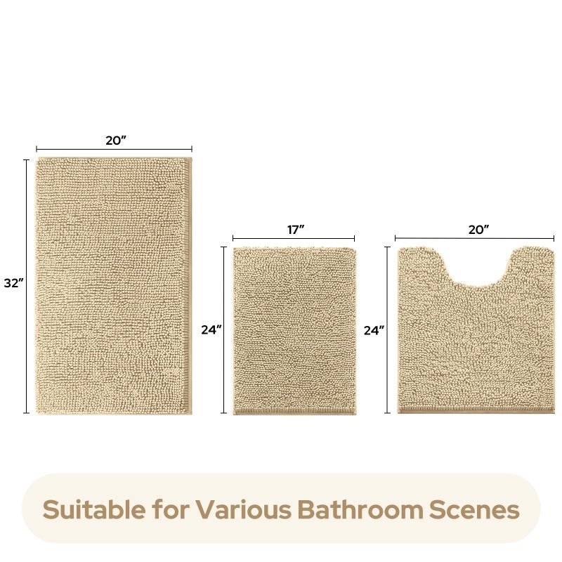 3 Pieces Bathroom Rugs, Ultra Soft Non Slip Absorbent Chenille Toilet Bath Mat Set