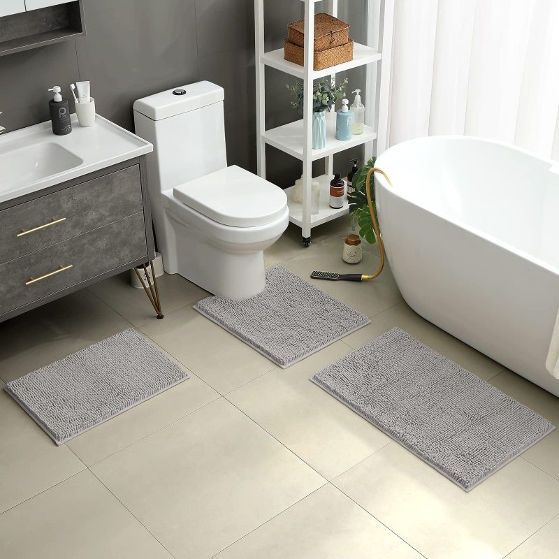 改HOMEIDEAS 3 Pieces Bathroom Rugs, Ultra Soft Non Slip Absorbent Chenille Toilet Bath Mat Set (Grey)