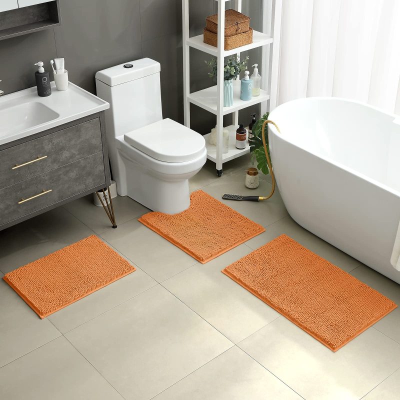 3 Pieces Bathroom Rugs, Ultra Soft Non Slip Absorbent Chenille Toilet Bath Mat Set