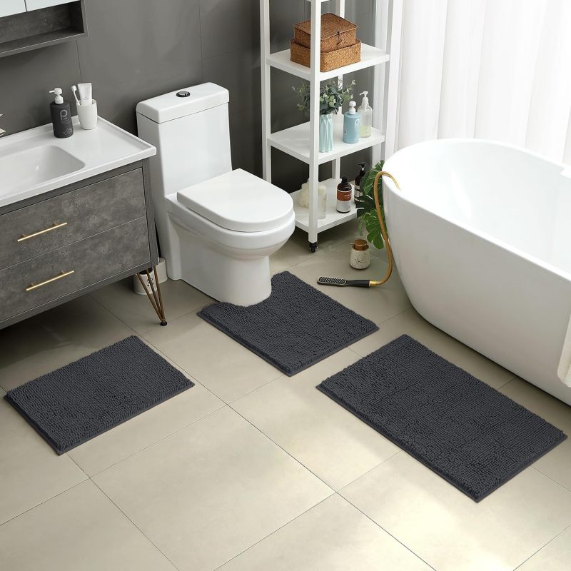 3 Pieces Bathroom Rugs, Ultra Soft Non Slip Absorbent Chenille Toilet Bath Mat Set