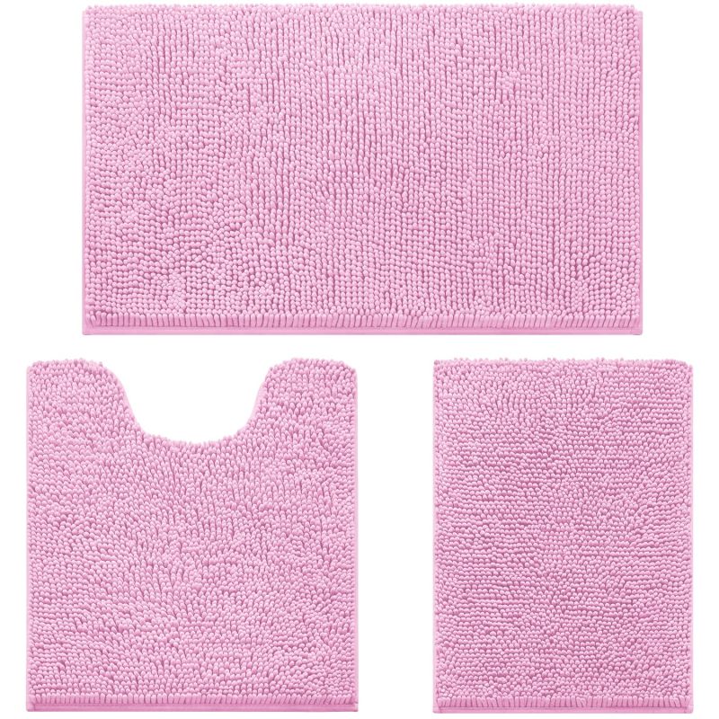 3 Pieces Bathroom Rugs, Ultra Soft Non Slip Absorbent Chenille Toilet Bath Mat Set