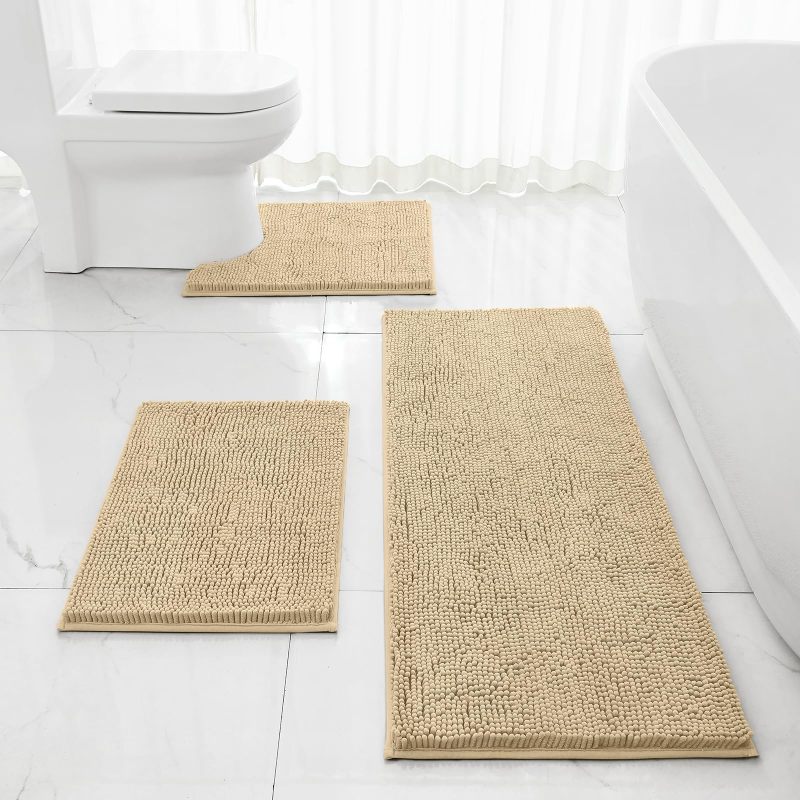 3 Pieces Bathroom Rugs, Ultra Soft Non Slip Absorbent Chenille Toilet Bath Mat Set