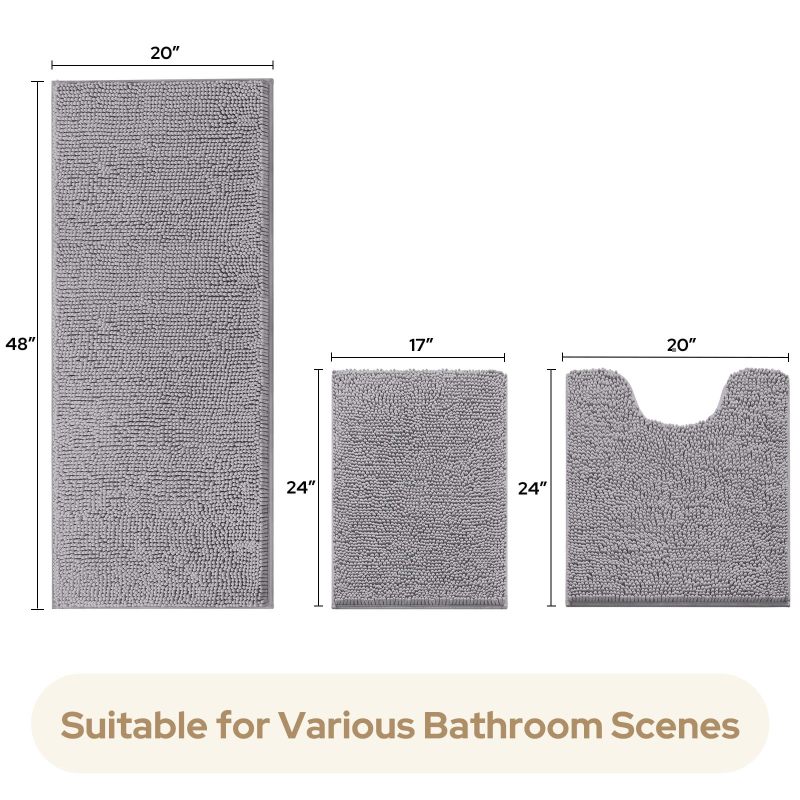 3 Pieces Bathroom Rugs, Ultra Soft Non Slip Absorbent Chenille Toilet Bath Mat Set