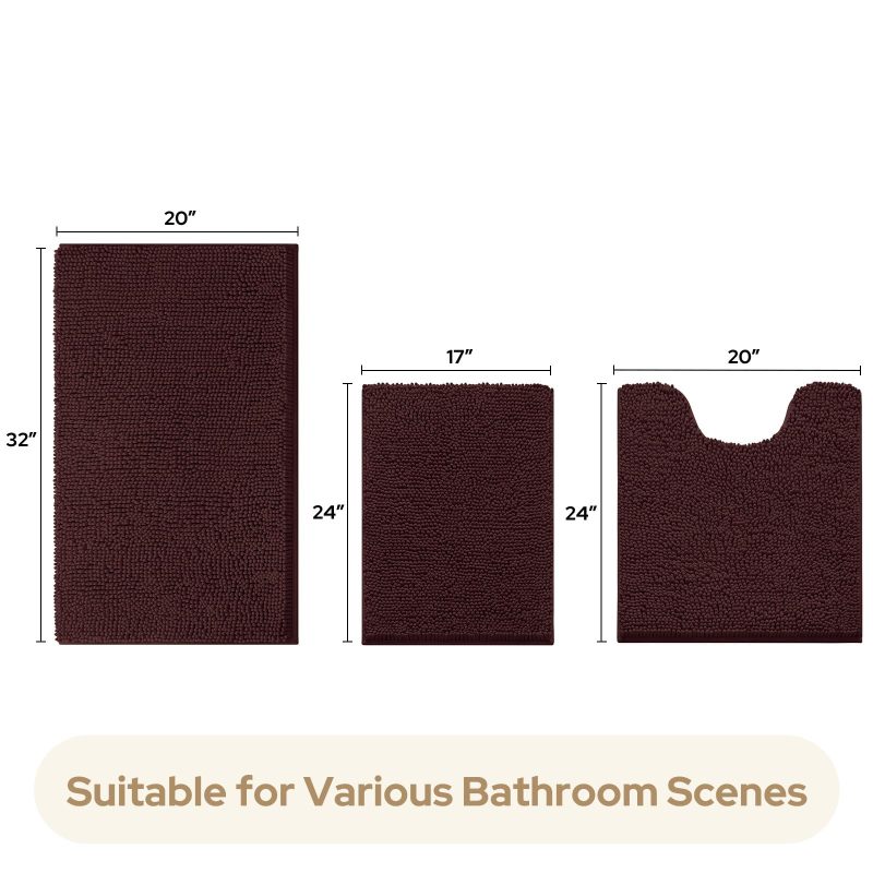3 Pieces Bathroom Rugs, Ultra Soft Non Slip Absorbent Chenille Toilet Bath Mat Set