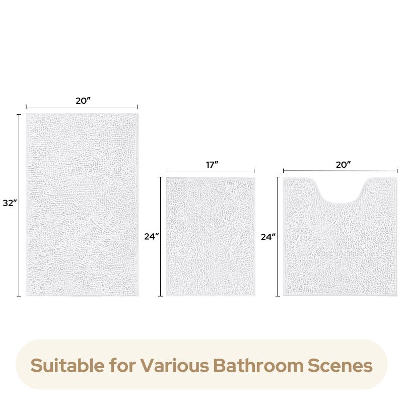 3 Pieces Bathroom Rugs, Ultra Soft Non Slip Absorbent Chenille Toilet Bath Mat Set