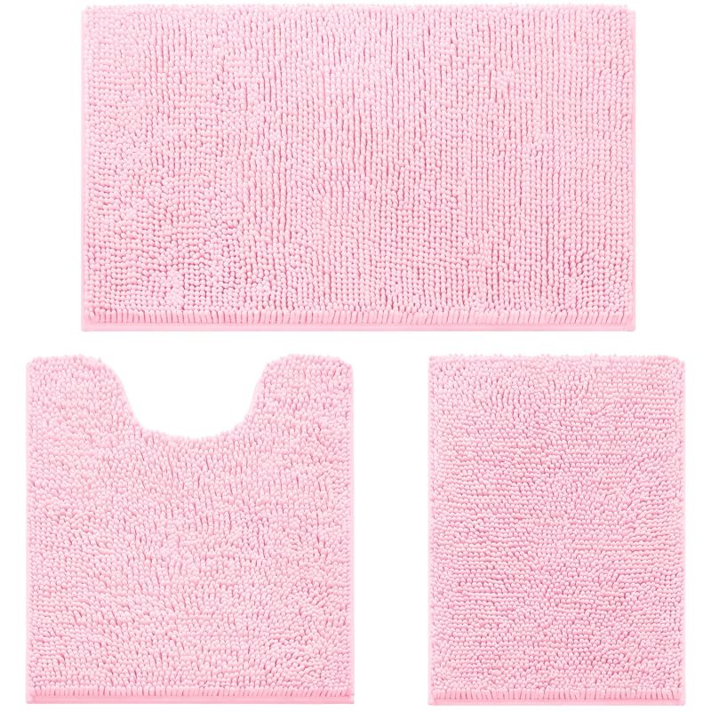 3 Pieces Bathroom Rugs, Ultra Soft Non Slip Absorbent Chenille Toilet Bath Mat Set