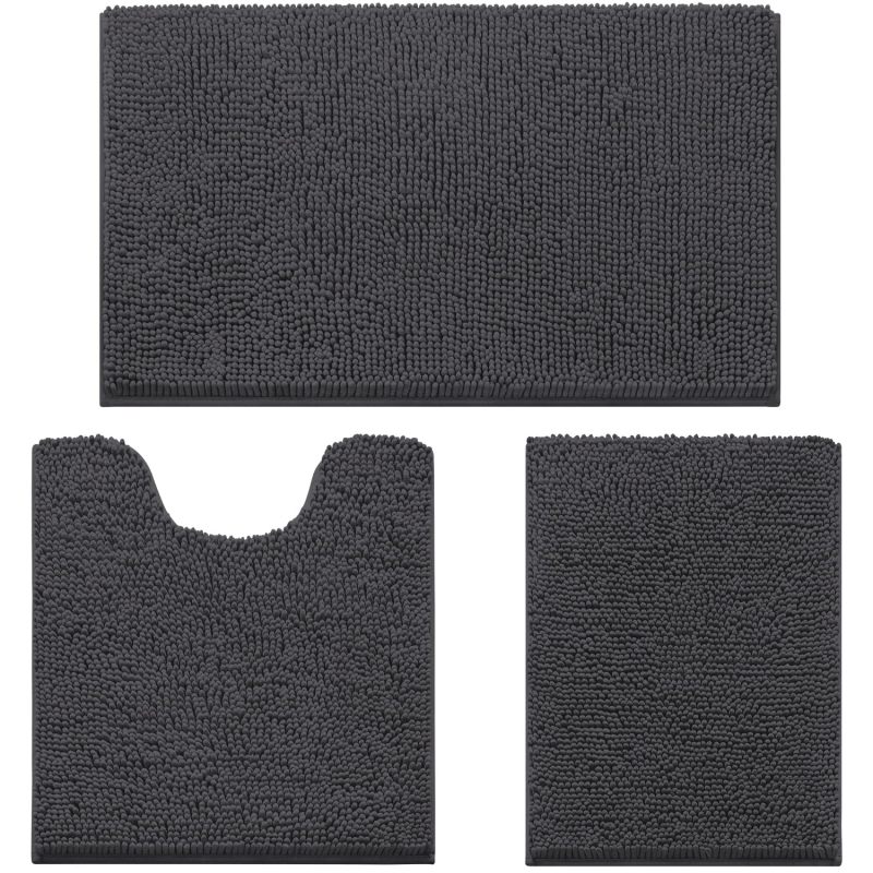 3 Pieces Bathroom Rugs, Ultra Soft Non Slip Absorbent Chenille Toilet Bath Mat Set