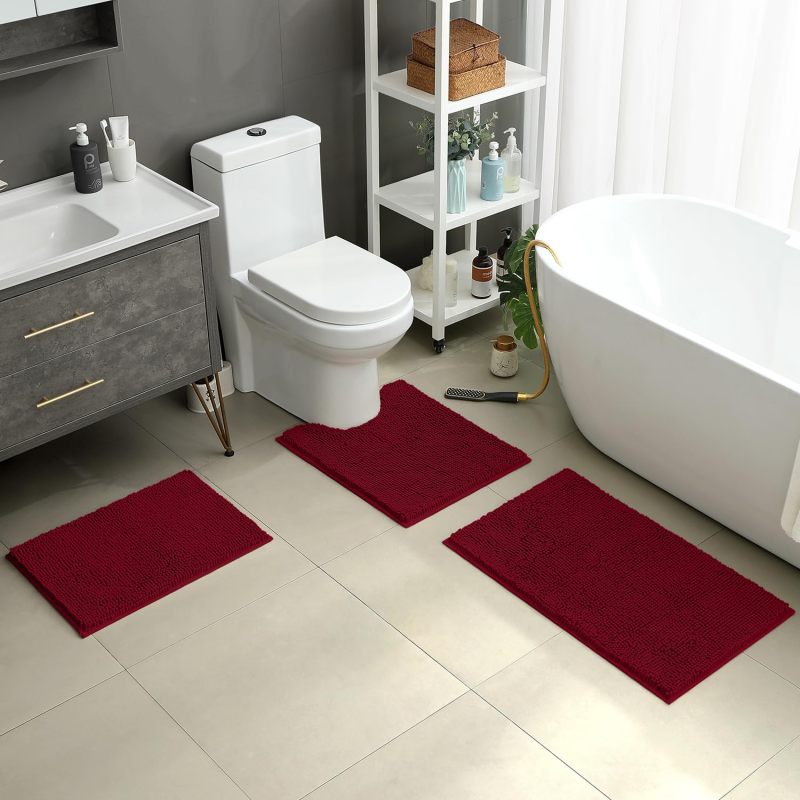 3 Pieces Bathroom Rugs, Ultra Soft Non Slip Absorbent Chenille Toilet Bath Mat Set