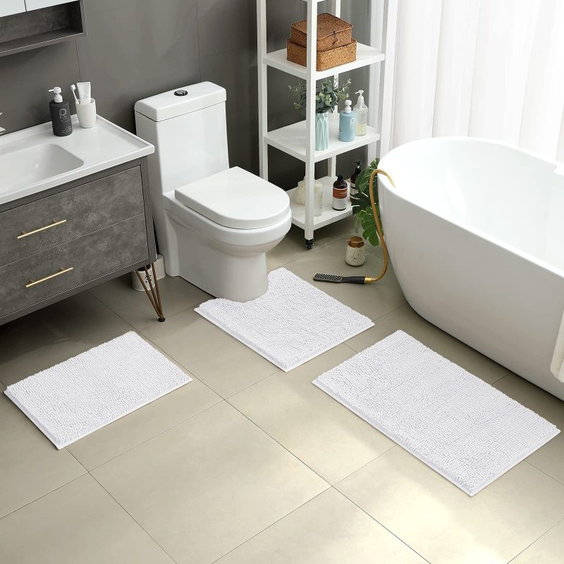 3 Pieces Bathroom Rugs, Ultra Soft Non Slip Absorbent Chenille Toilet Bath Mat Set