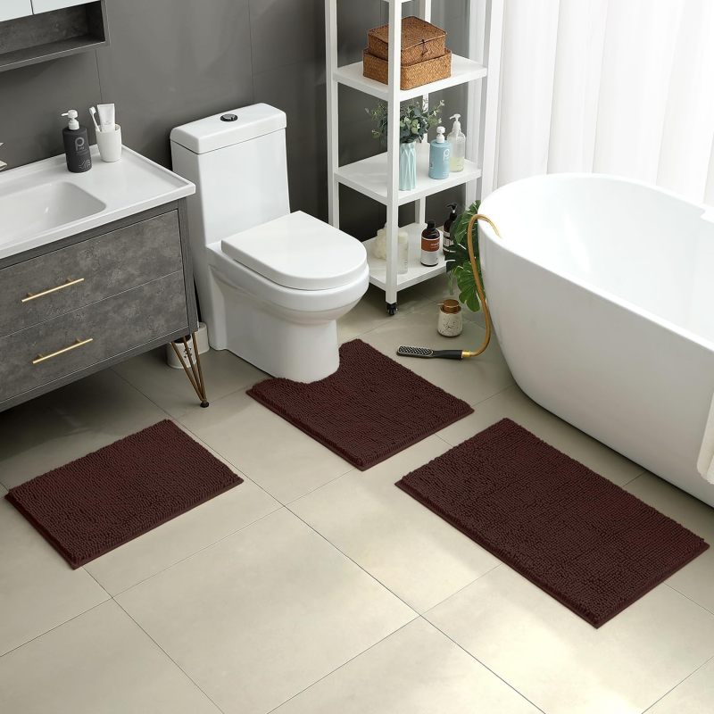 3 Pieces Bathroom Rugs, Ultra Soft Non Slip Absorbent Chenille Toilet Bath Mat Set