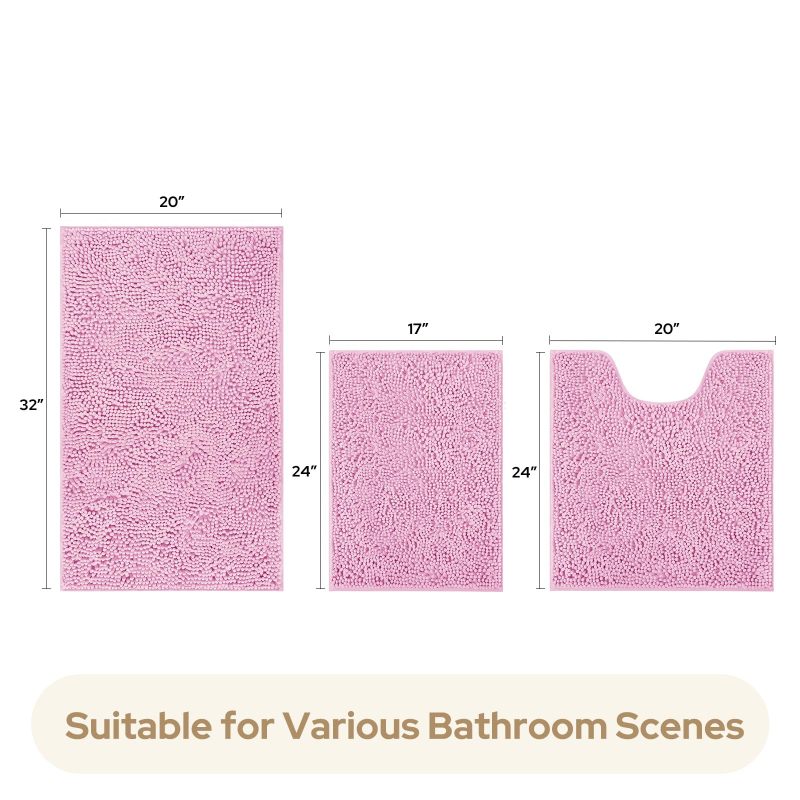 3 Pieces Bathroom Rugs, Ultra Soft Non Slip Absorbent Chenille Toilet Bath Mat Set