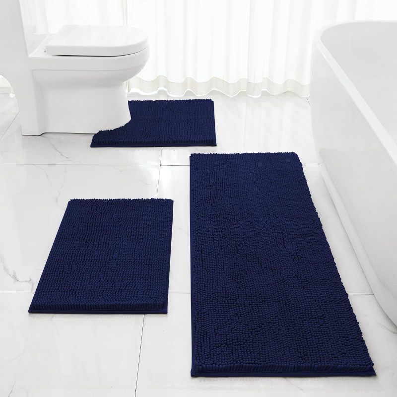 3 Pieces Bathroom Rugs, Ultra Soft Non Slip Absorbent Chenille Toilet Bath Mat Set