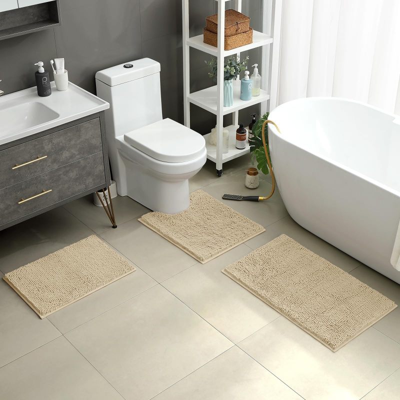 3 Pieces Bathroom Rugs, Ultra Soft Non Slip Absorbent Chenille Toilet Bath Mat Set