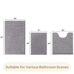 3 Pieces Bathroom Rugs, Ultra Soft Non Slip Absorbent Chenille Toilet Bath Mat Set