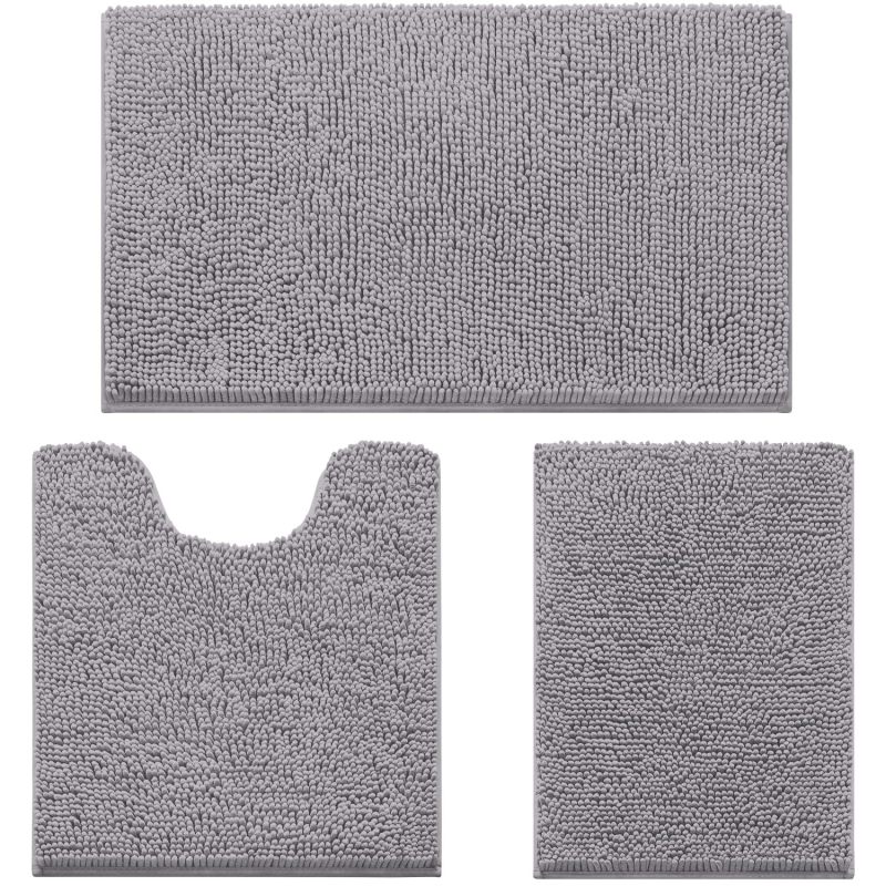 3 Pieces Bathroom Rugs, Ultra Soft Non Slip Absorbent Chenille Toilet Bath Mat Set