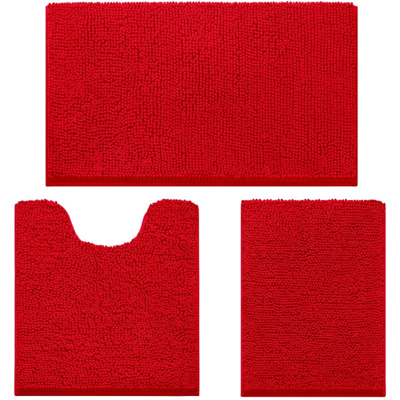 3 Pieces Bathroom Rugs, Ultra Soft Non Slip Absorbent Chenille Toilet Bath Mat Set