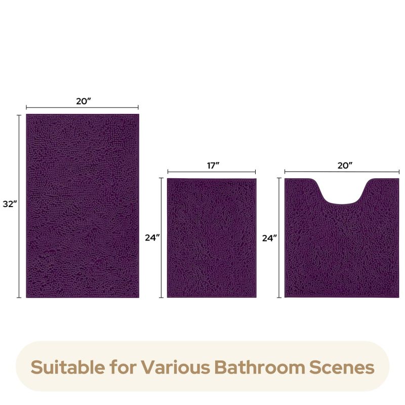 3 Pieces Bathroom Rugs, Ultra Soft Non Slip Absorbent Chenille Toilet Bath Mat Set