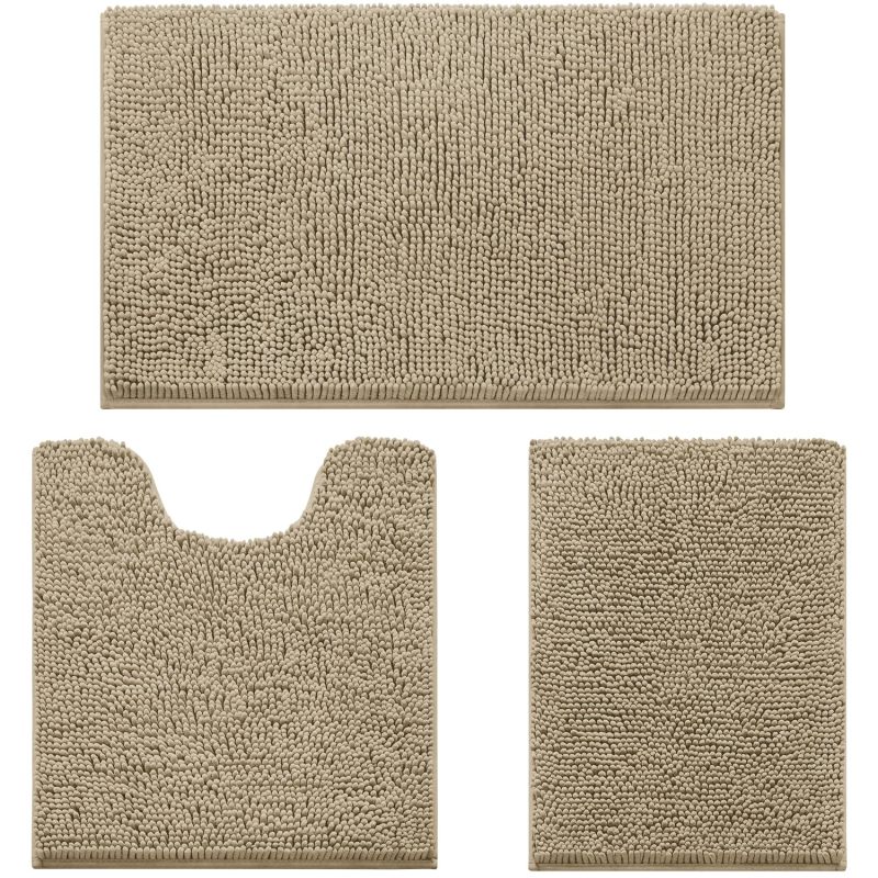 3 Pieces Bathroom Rugs, Ultra Soft Non Slip Absorbent Chenille Toilet Bath Mat Set