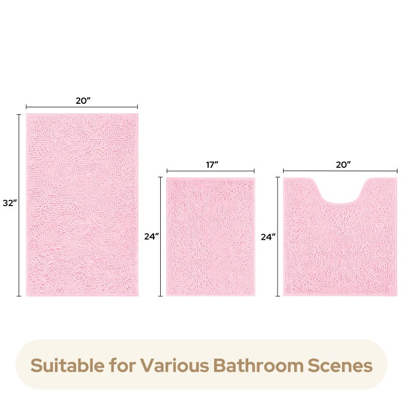 3 Pieces Bathroom Rugs, Ultra Soft Non Slip Absorbent Chenille Toilet Bath Mat Set