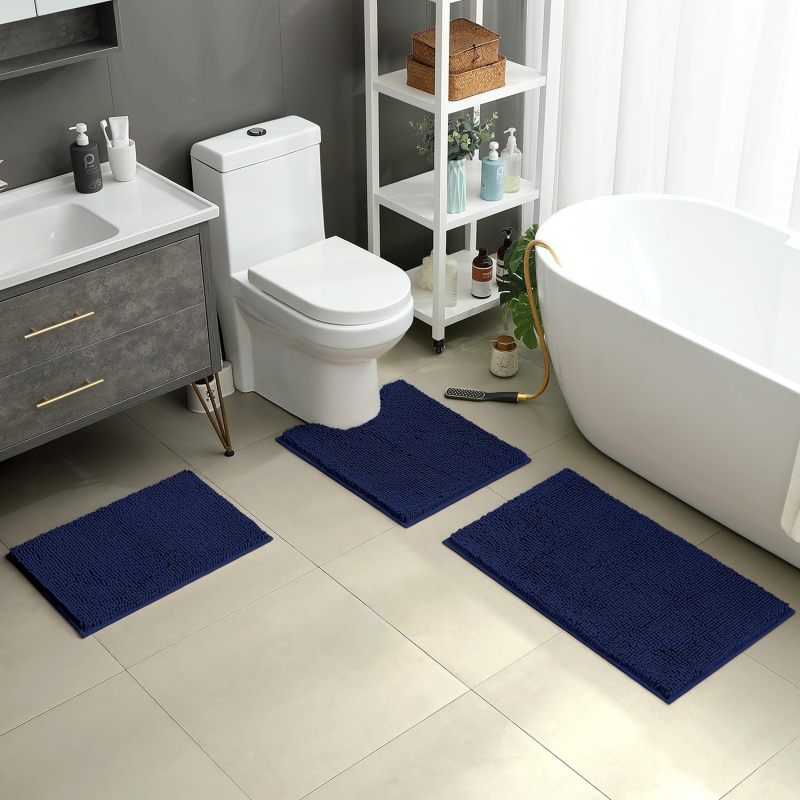 3 Pieces Bathroom Rugs, Ultra Soft Non Slip Absorbent Chenille Toilet Bath Mat Set