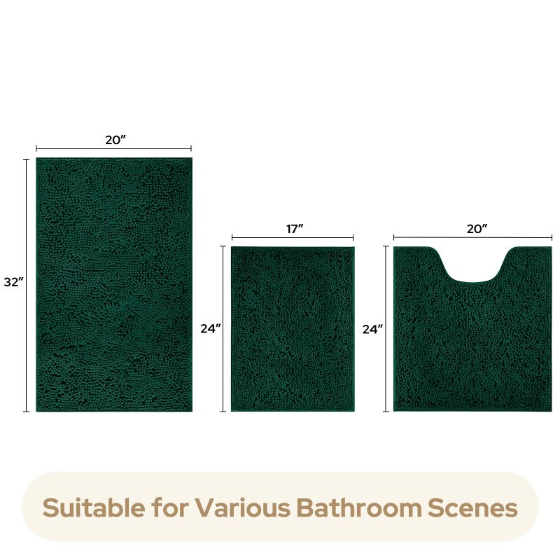 3 Pieces Bathroom Rugs, Ultra Soft Non Slip Absorbent Chenille Toilet Bath Mat Set