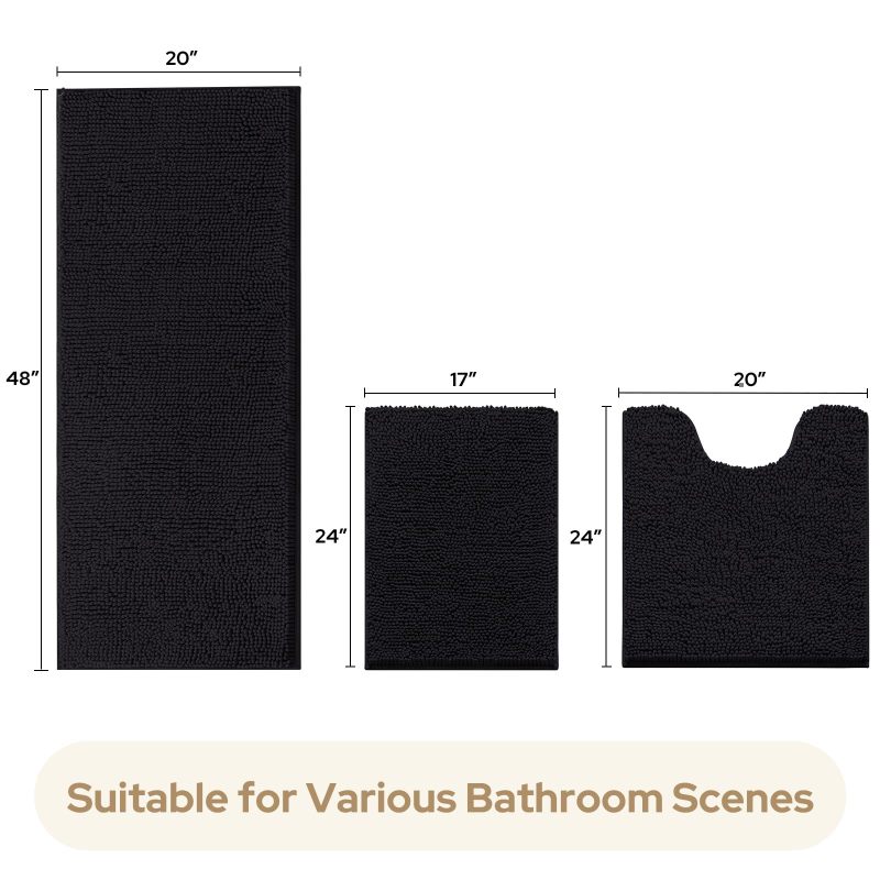 3 Pieces Bathroom Rugs, Ultra Soft Non Slip Absorbent Chenille Toilet Bath Mat Set