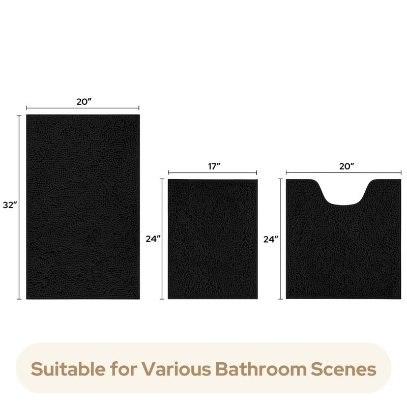 3 Pieces Bathroom Rugs, Ultra Soft Non Slip Absorbent Chenille Toilet Bath Mat Set