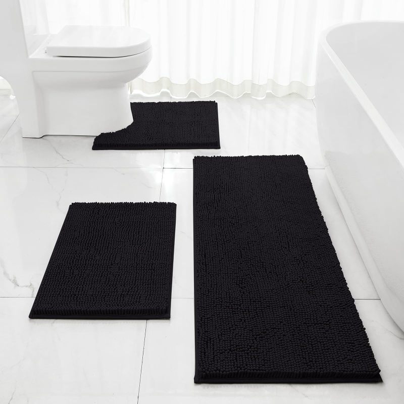 3 Pieces Bathroom Rugs, Ultra Soft Non Slip Absorbent Chenille Toilet Bath Mat Set