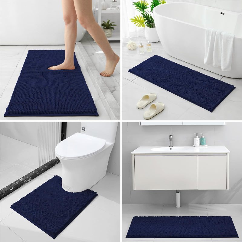 3 Pieces Bathroom Rugs, Ultra Soft Non Slip Absorbent Chenille Toilet Bath Mat Set