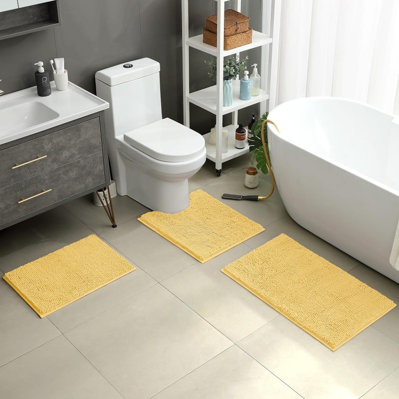 3 Pieces Bathroom Rugs, Ultra Soft Non Slip Absorbent Chenille Toilet Bath Mat Set